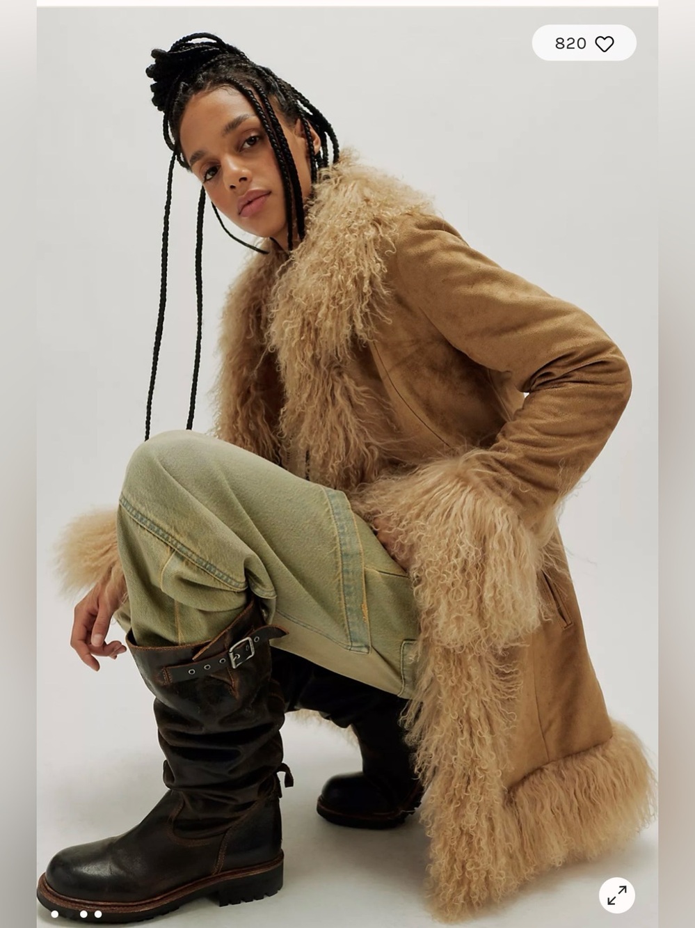 Charlotte Simone Lulu Vegan Suede Shearling Coat Biscuit Brown Size Large